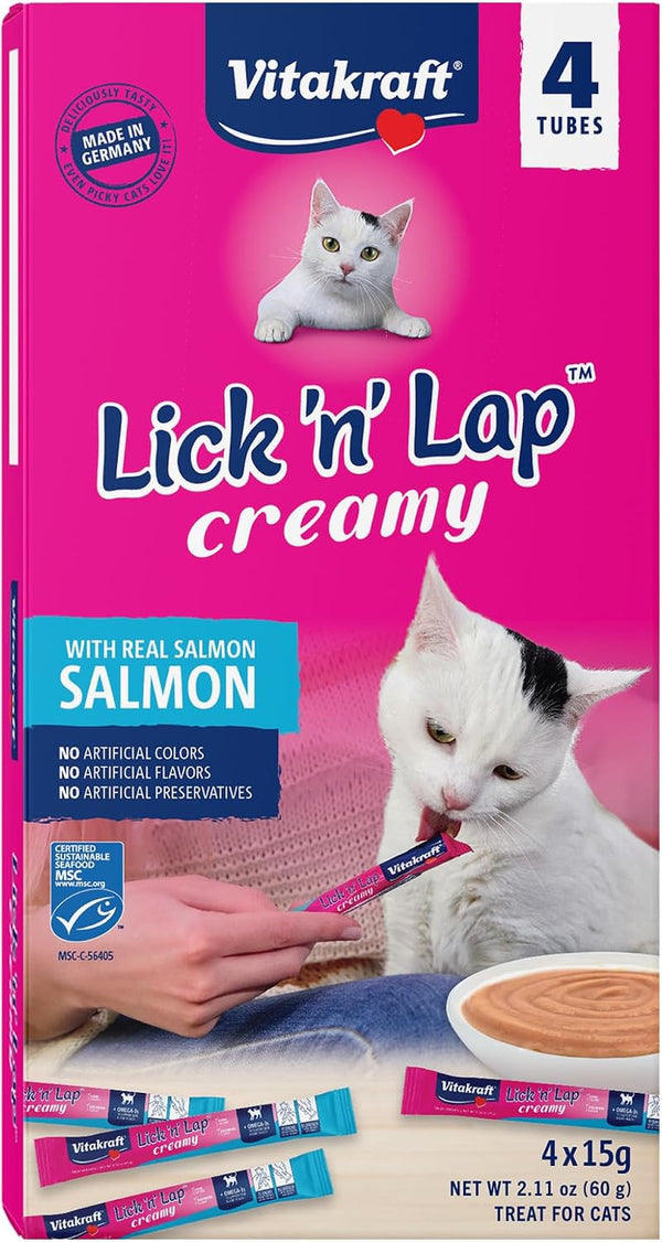 Vitakraft Lick 'N' Lap Real Salmon Squeezeable Liquid Cat Treats, Lickable, Salmon Broth #1 Ingredient, No Artificial Colors, Preservatives or Added Sugar, for Hydration, 0.52 Oz. Tubes, 16 Count12