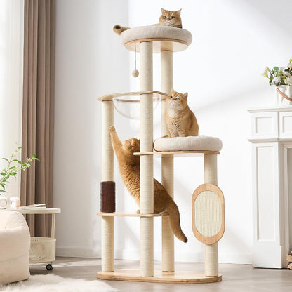 50" Modern Cat Tree for Indoor Cats Small to Medium, Solid Wood Cat Tower with Sisal Scratching Posts, Cat Scratcher Cardboard, Cozy Cat Beds & Hidden Cat Condo, Multi-Level Cat Furniture13