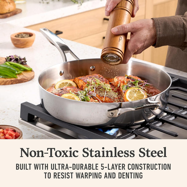 Calphalon Premier Polished 5-Ply Stainless Steel Cookware Set W/Turbo Heat Tech 6 Piece Includes Frying Pans, Pots and Pans Set, Induction, Oven Safe 500F, PFOA Free, Polished Stainless Silver2
