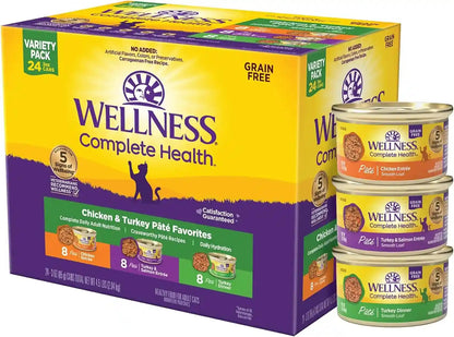 Wellness Complete Health Pate Variety Pack Adult Canned Wet Cat Food, Natural, Protein Rich, Grain Free, Seafood Favorites, 3 Oz, Pack of 24 Cans18