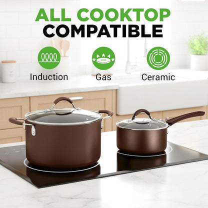 14-Piece Nonstick Brown Cookware Set - Scratch-Resistant Kitchen Pots and Pans with Lids & Utensils, for All Cooktops - NCCW14SBR2