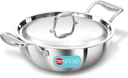 Pro 2.5 Litre Deep-Fry Pan, Triply Stainless Steel Kadhai with Stainless Steel Handles and Stainless Steel Lid, Silver (PSK25S)1