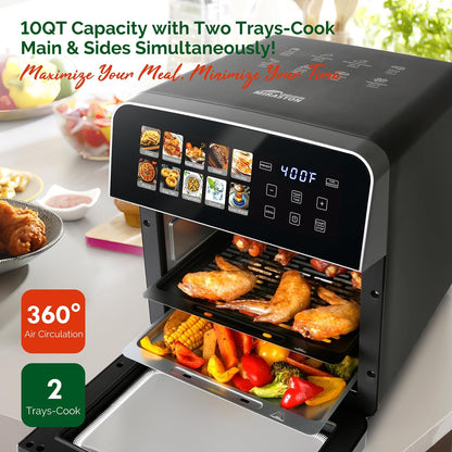 10QT Air Fryer Toaster Oven, Family Size Double-Cooking Combo | EASY CLEAN: Stainless Steel Interior Oven; Dual-Layer Rack Allows Simultaneous Cooking for Healthy Family Meals.3