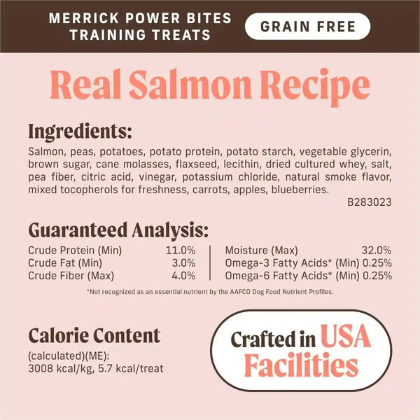 Merrick Power Bites Salmon Recipe Healthy Dog Treats, Real Salmon Grain-Free Dog Snacks, 6 Oz Bag6