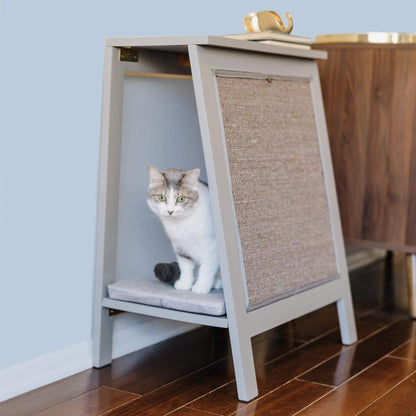 THE REFINED FELINE A-Frame Cat Bed Cave in Black Espresso with Ventilated Base, Multipurpose Wood Cat Furniture Table, Easy to Clean Covered Cat Bed with Replaceable Scratching Post & Washable Cushion7
