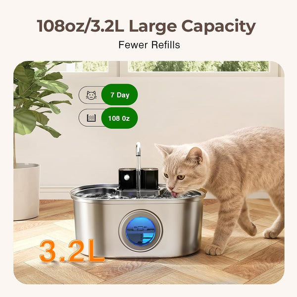 PEKTACO Wireless Cat Water Fountain, 108Oz/3.2L Stainless Steel, 3 Filters | 3 Smart Modes, 25 Db Quiet Pump, Multi-Layer Filtration, Bpa-Free Parts, Dishwasher-Safe Bowl, Easy-Clean for Daily Use4