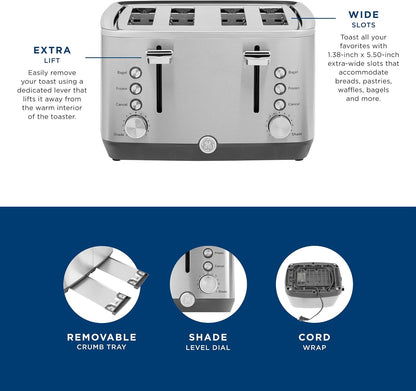 GE Stainless Steel 4 Slice Toaster | Extra Wide Slots for Bagels, Breads, Waffles & More | 7 Shade Options | Countertop Kitchen Essentials | 1500 Watt3