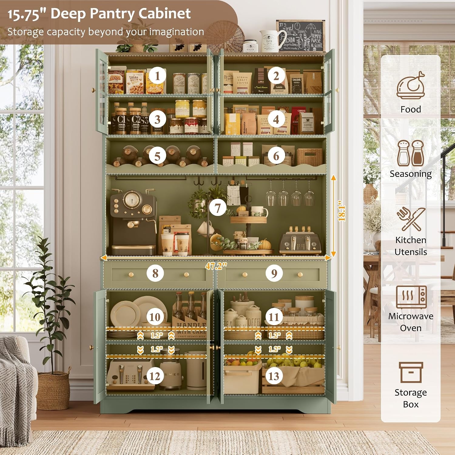 75-kitchen-pantry-storage-cabinet-coffee-bar-hutch-cabinet-green-tall-pantry-cabinet-with-charging-station-wide-countertop-glass-doors-wine-rack-cup-holder-drawers-dining-room