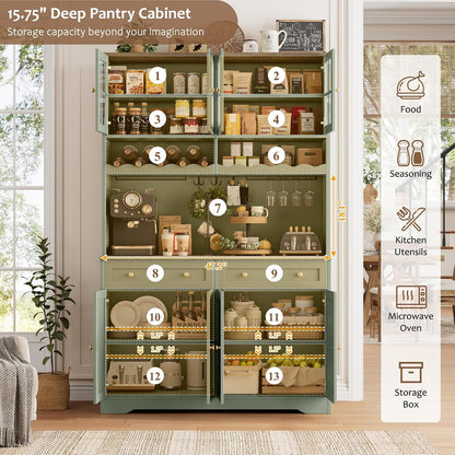 75" Kitchen Pantry Storage Cabinet, Coffee Bar Hutch Cabinet, Green | Tall Pantry Cabinet with Charging Station / Wide Countertop / Glass Doors / Wine Rack / Cup Holder / Drawers, Dining Room5