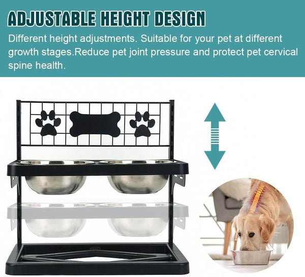 Elevated Dog Bowls Raised Pet Feeder Adjustable Dog Bowl Stand with Stainless Steel Bowls and ABS Frame, Double Dog Feeding Station with Paw Print Bone Decor for Medium Large Dogs6