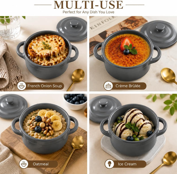 Mini Dutch Oven Set of 4, 14 Oz Ceramic Mini Dutch Ovens with Lids and Handles, Ramekins with Lids for French Onion Soup, Pot Pies, Soufflés and Baked Desserts, Oven Microwave Dishwasher Safe, Mini Cocotte, Grey2