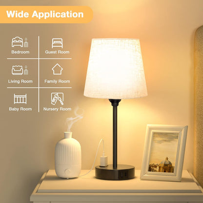 Bedside Table Lamps Set 2 for Bedroom - Dimmable Touch, USB C+A, AC Outlet | 14.5" Mini Lamp, 3-Way Dimmable, LED Bulbs Included, Trapezoid Barrel Fabric Lampshade, Nightstand Light for Guest Room, Kids5