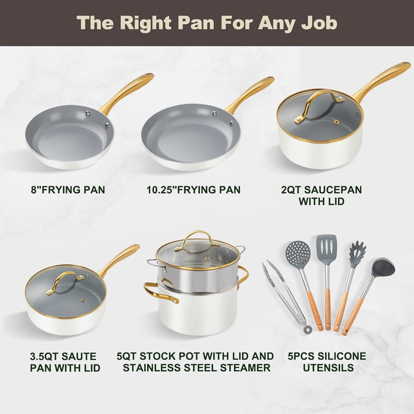 Ceramic Cookware Set,Healthy,Non Toxic,Pots and Pans Set Non Stick,14-Pcs Kitchen Induction Cooking Sets, Nonstick Pot and Pan Set with Silicione Utensils,Pfos/Pfoa Free,Cream and Gold2