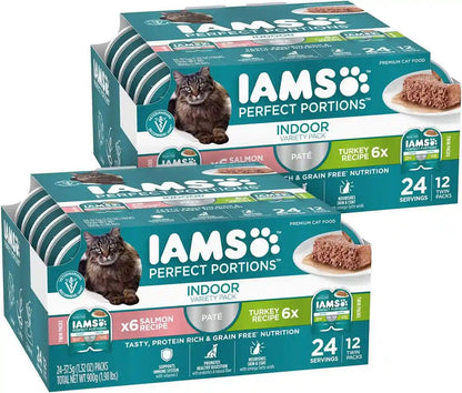 IAMS Perfect Portions Pate Wet Cat Food, Salmon & Turkey, 12 Count, 2-Pack | Grain-Free, Antioxidant Vitamin E for Immunity, Prebiotic Fiber for Digestion, Snap-Peel-Serve 2.6 Oz. Twin-Pack Trays1