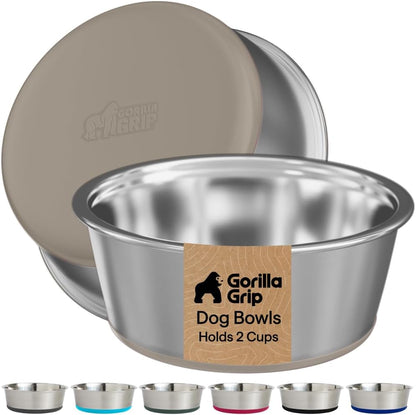 GORILLA GRIP Dog Bowls, Food Grade 304 Stainless Steel, Holds 2 US Cups Each (16 Fl Oz) Food and Water Bowl for Feeding Dogs and Cats, Dishwasher Safe, Rust Resistant BPA Free Rubber Base, 2 Set Black37
