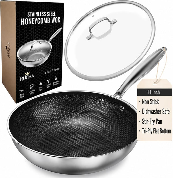 ® 11" Honeycomb Stainless Steel Wok with Lid, Nonstick, Induction Safe | Heavy-Duty Stir Fry Pan, Induction Compatible & Even Heat Distribution, Pfoa-Free Non Toxic Cookware, Oven & Dishwasher Safe1
