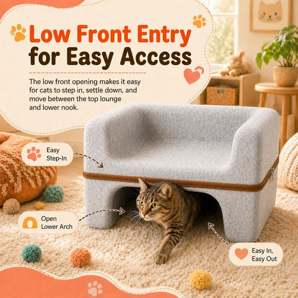 Large Cat Bed for Indoor Cats, 2-Tier Cat Cave Bed with Top Lounge & Lower Hideaway, Washable PET Felt Cat Sofa for Living Room, Bedroom, Apartment, Scratch-Friendly Cat Furniture, Light Gray9