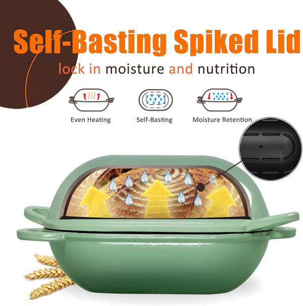 5 QT Enameled Cast Iron Sourdough Bread Oven, Loaf Pan with Lid | Oval Dutch Oven for Homemade Sourdough Bread Baking, Oven Safe up to 500°F, Meatloaf Pan with Dome Lid, Fig Green5