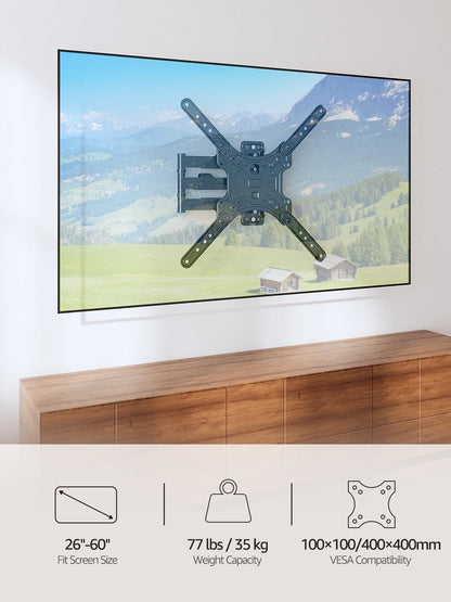 Full Motion TV Wall Mount for Most 26-60 Inch Tvs, Max VESA 400X400Mm Wall Mount TV Bracket with Swivel Tilting Extension Level Adjustment for LED LCD Flat Curved Tvs up to 77 LBS, MU00187