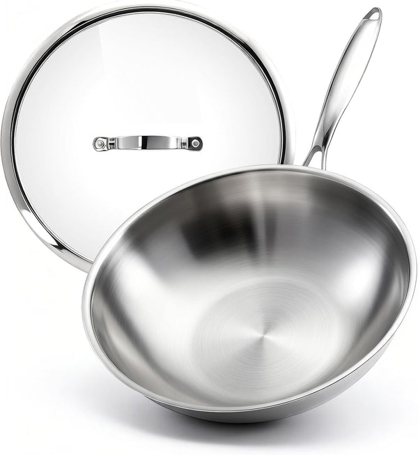 4.2 QT Tri-Ply Stainless Steel Wok Pan with Lid, 12" Flat Bottom Stir Fry Skillet for Asian Cuisine, Premium 18/10 Induction Cookware for 3-4 Servings, Oven Safe1
