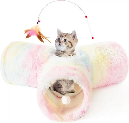 Tempcore Pet Cat Tunnel Tube Toys 3 Way Collapsible, Tunnels for Indoor Cats, Interactive Tube with Teaser Wand, Peek Holes & Hanging Ball, Black & Blue10