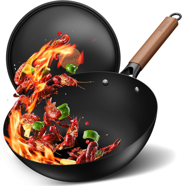 12 Inch Carbon Steel Wok Pan, 4QT Woks & Stir-Fry Pans Nonstick with Lid, No Seasoning Required & 0 Coating, Compatible with All Cooktops & Utensils for Stir Fry, Pan-Fry, Steam, Camping1