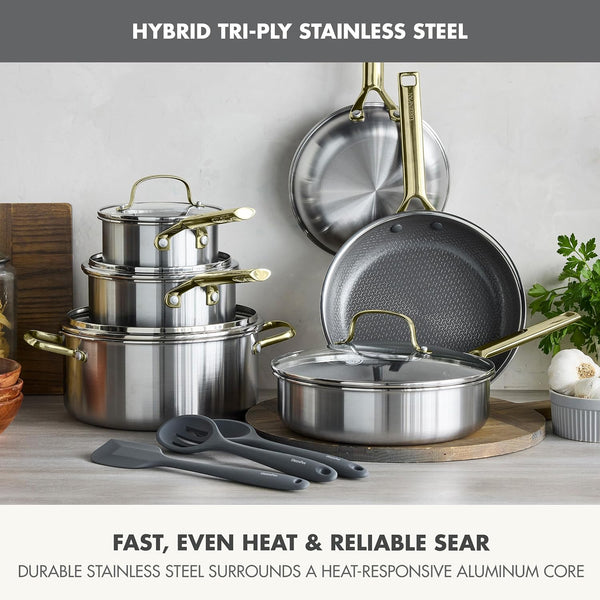 Hybrid APEX 13 Piece Stainless Steel Ceramic Nonstick Cookware Set | Tri-Ply Pots & Pans, Pfas-Free Thermobond Nonstick, Induction & All Stovetop Compatible, Dishwasher & Oven Safe to 850F, Gold3