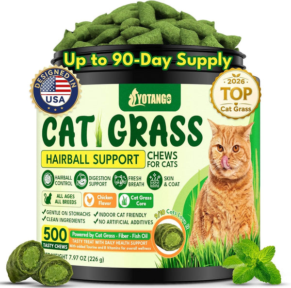 Cat Grass Treats Chews, Cat Treats for Indoor Cats, 500 Hairball Treatment for Cats, Hairball Control, Feline Grass Chews with Fish Oil, Taurine & B Vitamins for Skin & Coat, Digestion & Dental Care1