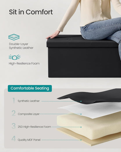 SONGMICS MAZIE Collection - 43 Inches Folding Storage Ottoman Bench, Ottoman with Storage, Foot Rest Stool, Load 660 Lb, for Living Room, Synthetic Leather, Black ULSF7016