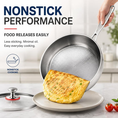 Titanium Hammered Pan with Lid, Thickened Multi-Layer Stock Pot, Titanium Wok Pan, Scratch-Resistant Non Stick Titanium Frying Pans, Even Heating for Cooking,9.44In/Lid3