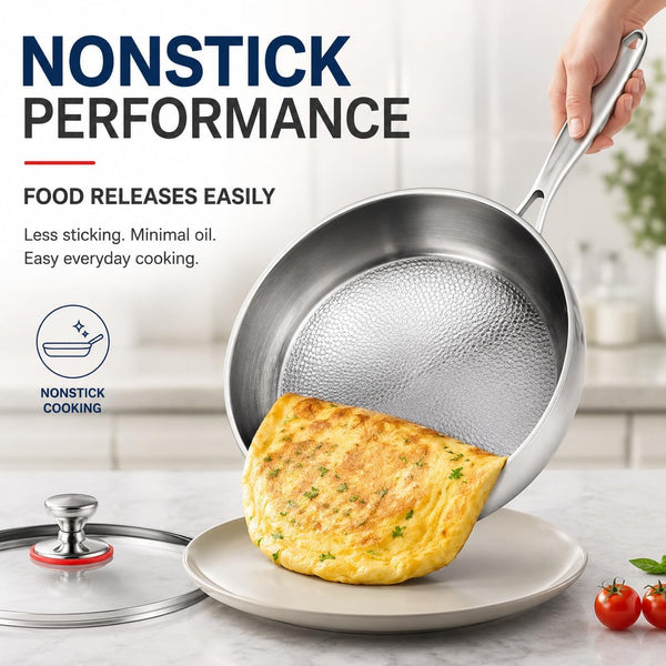 Titanium Hammered Pan with Lid, Thickened Multi-Layer Stock Pot, Titanium Wok Pan, Scratch-Resistant Non Stick Titanium Frying Pans, Even Heating for Cooking,9.44In/Lid3