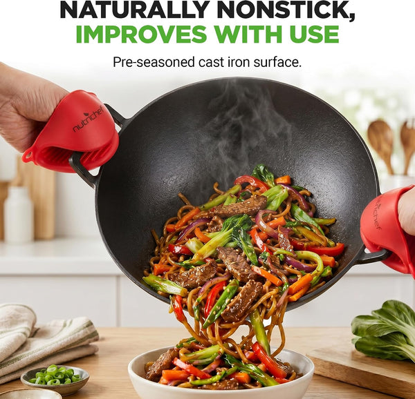 14" Cast Iron Wok with Wooden Lid - Pre-Seasoned Kadai for Stir-Fry with Loop Handles, Compatible with Multiple Cooktops Including Induction, Large 5.8 Qt Capacity2