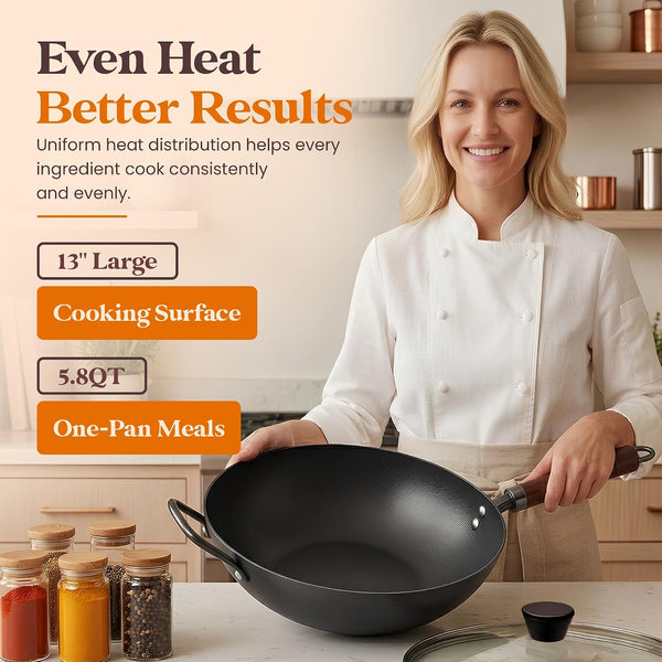 Carbon Steel Wok with Lid Ceramic Nonstick Flat Bottom Wok Pan Induction Compatible Stir Fry Wok Beech Wood Handle Glass Lid Healthy Cooking Wok for Gas Electric Ceramic Halogen Cooktops6