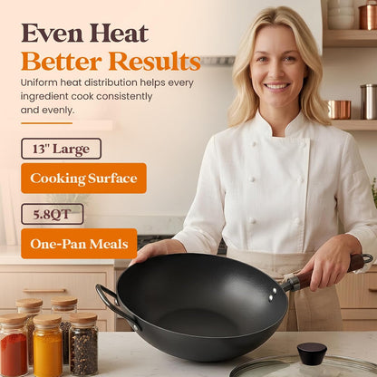 Carbon Steel Wok with Lid Ceramic Nonstick Flat Bottom Wok Pan Induction Compatible Stir Fry Wok Beech Wood Handle Glass Lid Healthy Cooking Wok for Gas Electric Ceramic Halogen Cooktops6