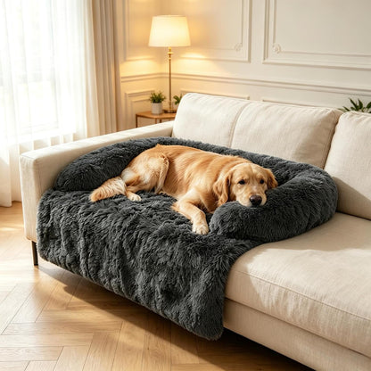 Calming Dog Bed for Couch, Thickened Plush Dog Mat with Raised Bolster, Washable Pet Sofa Bed & Furniture Protector, Non-Slip Dog Couch Cover for Small Medium Large Dogs & Cats (Dark Gray, X-Small)1
