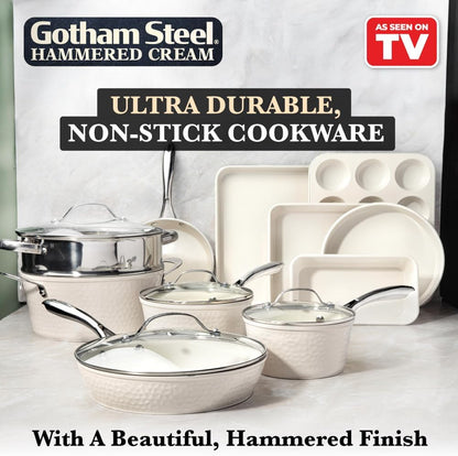 Hammered 15Pcs Ceramic Cookware Set Nonstick, Induction Pots and Pans Set Non Stick with Bakeware Set & Steamer for Cooking, Non Toxic PFOA PFOS Free, Oven & Dishwasher Safe, Cream White2