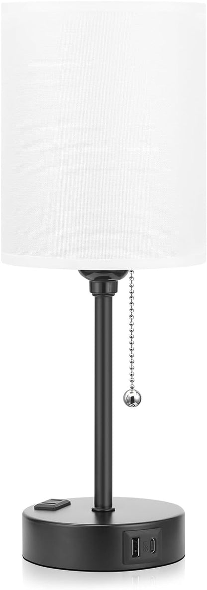 Bedside Table Lamp for Bedroom - Small Desk Lamp with USB Ports | USB A+C Ports, AC Outlet, 3 Color Temperatures, LED Bulb Included, White Fabric Shade, Black Metal Base, 14" Nightstand Lamp8