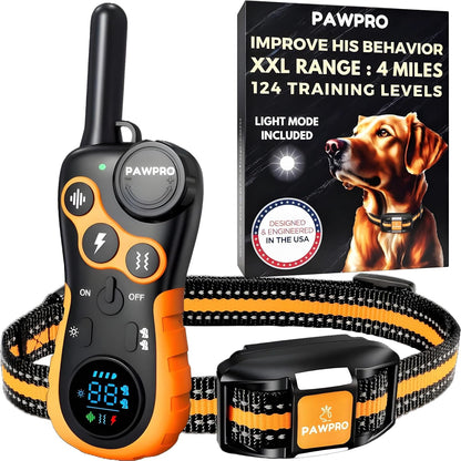 Dog Shock Collar with Remote, Unmatched 4-Mile Range, Night-Light Mode, Training Guide Included, 124 Training Levels & 4 Modes, Beep Vibration Shock, Waterproof Rechargeable, Fits All Dogs (1 Collar)1