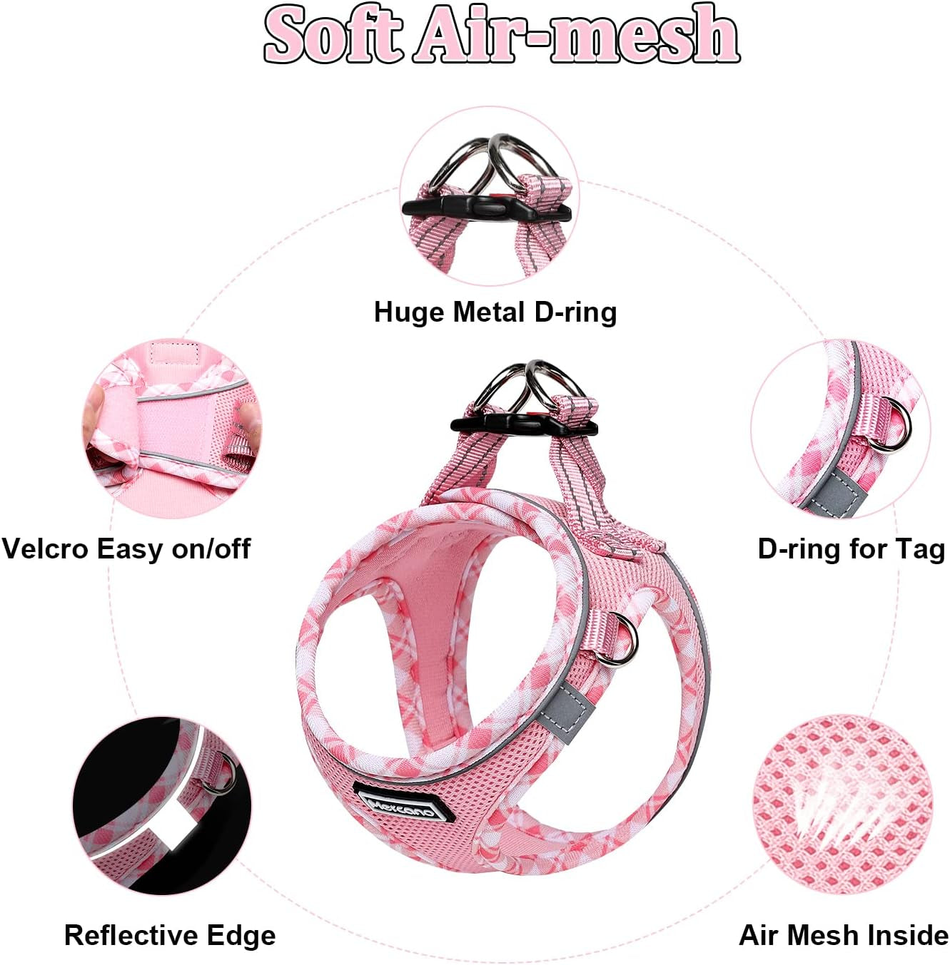 mercano-soft-mesh-dog-harness-and-leash-set-step-in-reflective-breathable-lightweight-vest-harnesses-with-safety-buckle-for-small-dogs-cats-pink-s
