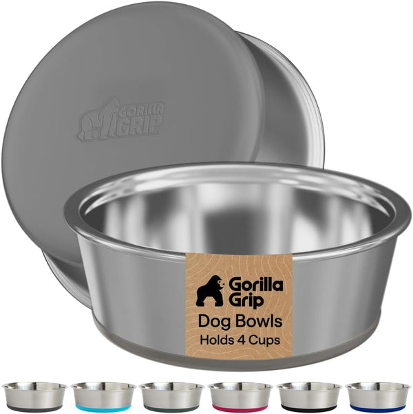 GORILLA GRIP Dog Bowls, Food Grade 304 Stainless Steel, Holds 2 US Cups Each (16 Fl Oz) Food and Water Bowl for Feeding Dogs and Cats, Dishwasher Safe, Rust Resistant BPA Free Rubber Base, 2 Set Black10