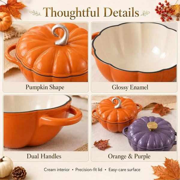 Pumpkin Dutch Oven Pot with Lid 3QT Enameled Cast Iron Pumpkin Pots，Purpleb | Pumpkin Cocotte with Dual Handles, Soup Pot, Serves 2-3, Oven & Stove Safe for Cooking, Superior Heat Retention for Soups4