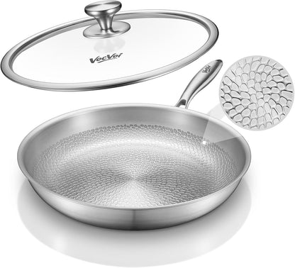 Titanium Pans for Cooking with Lid,12" Nonstick Pro Frying Cookware | Uncoated Hammered Pure Titanium, PFOA/PFAS/PTFE Free Skillets, Induction & Oven-Safe, Compatible with All Cooktops1
