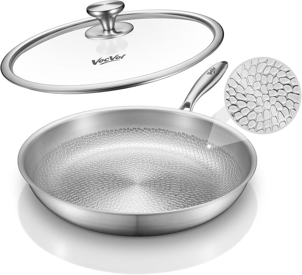 Titanium Pans for Cooking with Lid,12" Nonstick Pro Frying Cookware | Uncoated Hammered Pure Titanium, PFOA/PFAS/PTFE Free Skillets, Induction & Oven-Safe, Compatible with All Cooktops1