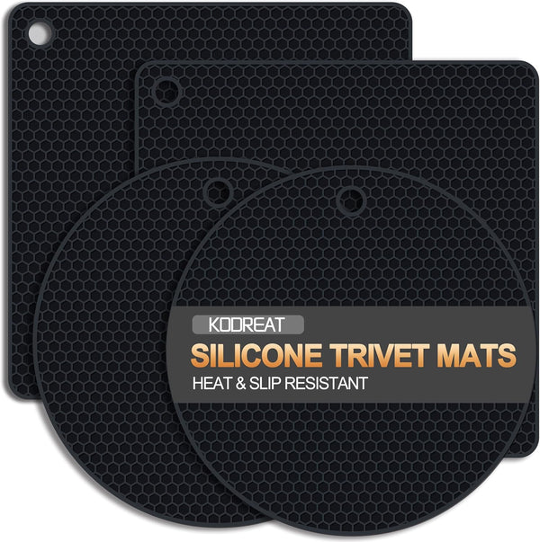 4 Pack Silicone Trivets for Hot Dishes | Heat-Resistant Non-Slip Hot Pads for Kitchen Countertops and Tables, Food-Grade Thick Silicone Mats (7.1X7.1In)1