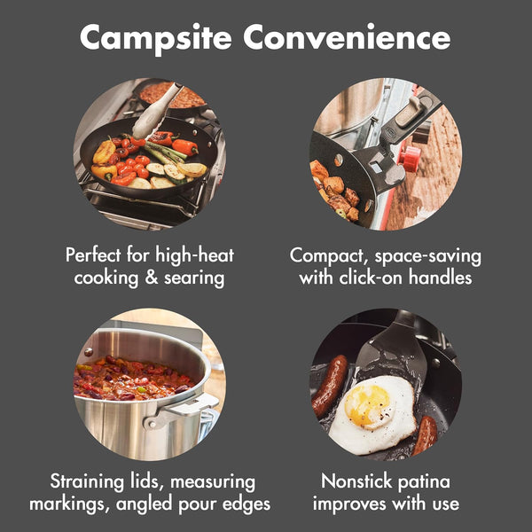 OXO Outdoor 8 Piece Camping Cookware Set, 10" Pre-Seasoned Carbon Steel Frying Pan Skillet, 2.25QT and 5QT Stainless Steel Saucepans with Lids, Removeable Handle, Trivet, Travel Bag, Space-Saving5
