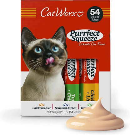 Catworx by Chewmasters Purrfect Squeeze Lickable Soft Cat Treats - 54 Pack | Creamy Purée Squeeze Tubes for Kittens and Adult Cats - Hand Feeding Snack or Food Topper - Training Reward, 0.53 Ounce1