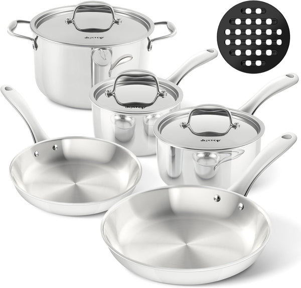 Tri-Ply Stainless Steel Induction Cookware, 9PC Pots and Pans Set | Whole Clad 3-Layer Steel, Family Cookware Set, Even Heating, Dishwasher and Oven Safe1