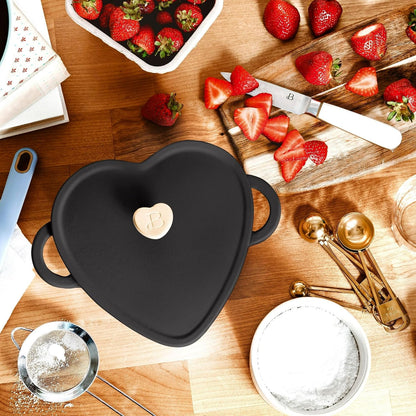 2QT Cast Iron Dutch Oven, Enameled Heart Shaped Casserole Dish with Lid, Oven Safe 500°F, Small Dutch Oven for Baking, Braising, Soups & Desserts (Black Sesame)4