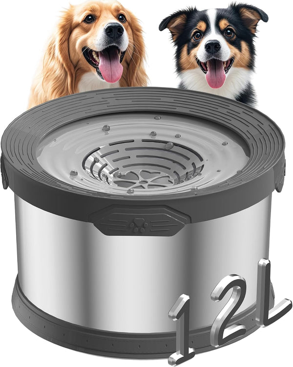 6.5L Dog Water Bowl No Spill 1.6 Gallon Stainless Steel Water Bowl for Dogs 220Oz Large Capacity No Splash Slow Drinking Feeder with Anti-Slip Mat for Messy Drinkers 6.5L+2 Filters9