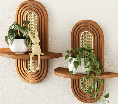 Floating Shelves for Wall, Boho Home Wall Decor,Rattan Plant Shelf Set of 2, Mid Century Small Decorative Shelf, Natural Wood Shelves for Living Room,Bedroom,House,Office (Walnut)1